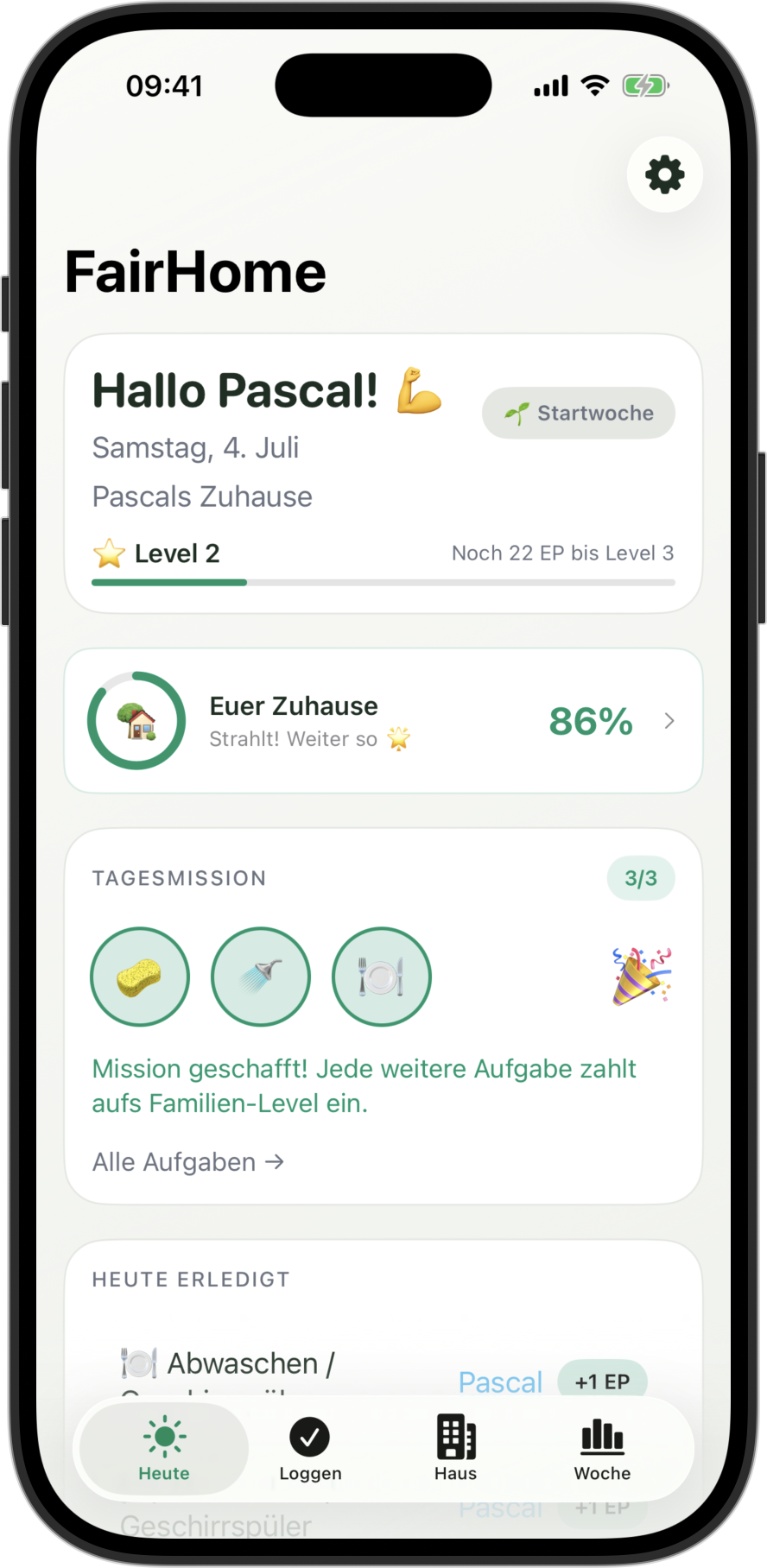 iPhone-Screenshot der FairHome-App mit Tagesmission, Haushalts-Aufgaben und Familien-Level
